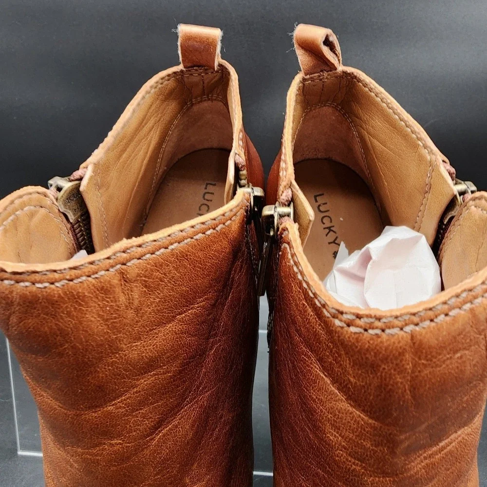 Lucky Brand 8M Brown Basel Leather Ankle Booties Western Boho Casual Block Heel